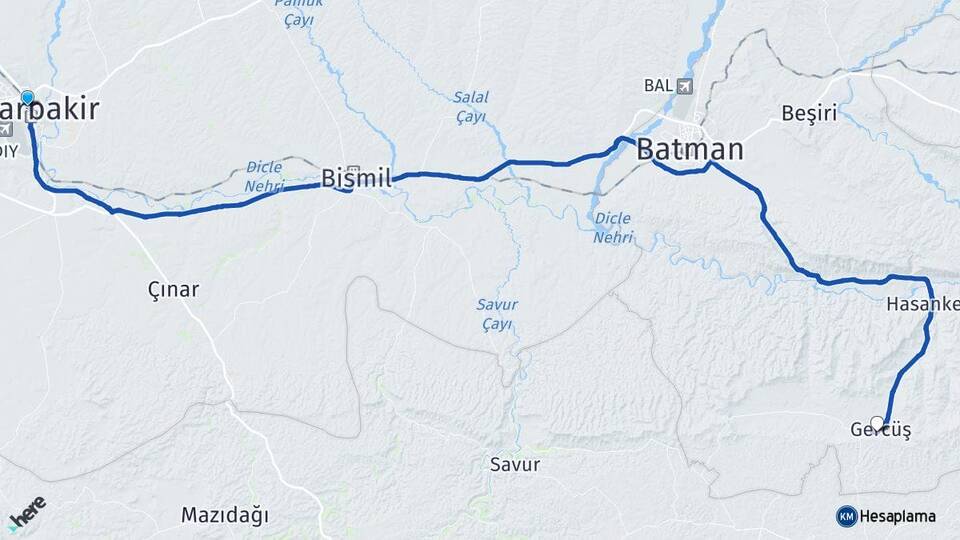 Diyarbakır Gercüş Batman Arası Kaç Km - Yol Haritası