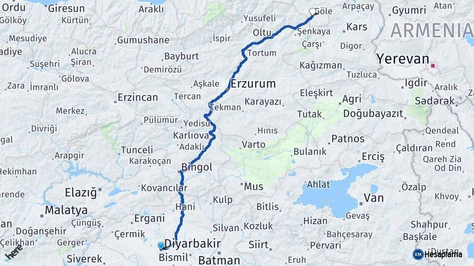 Diyarbakır Göle Ardahan Arası Kaç Km - Yol Haritası