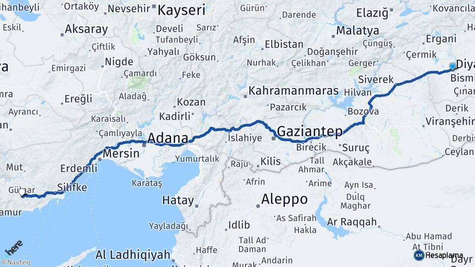 Diyarbakır Gülnar Mersin Arası Kaç Km - Yol Haritası