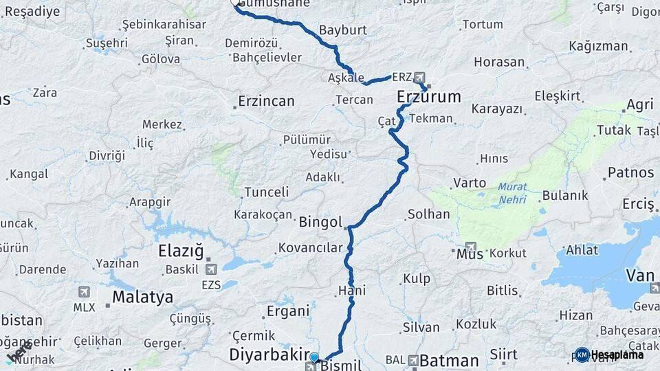 Diyarbakır Gümüşhane Arası Kaç Km - Yol Haritası
