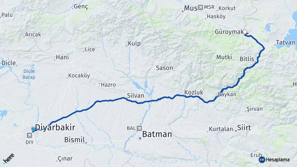 Diyarbakır Güroymak Bitlis Arası Kaç Km - Yol Haritası