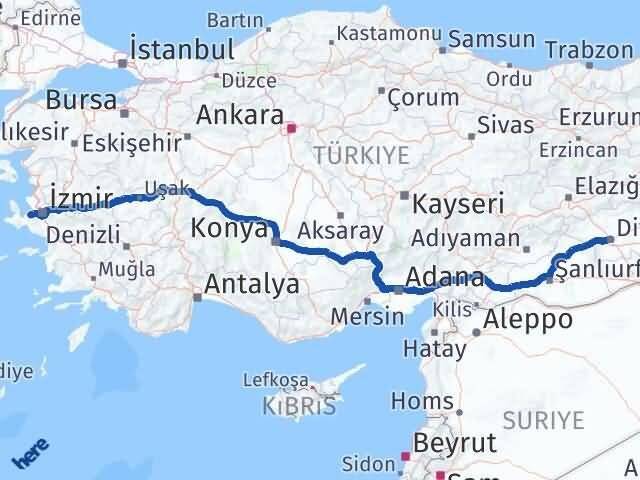 Diyarbakır Güzelbahçe İzmir Arası Kaç Km - Yol Haritası