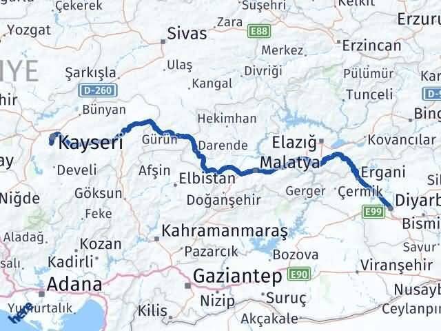 Diyarbakır Hacılar Kayseri Arası Kaç Km - Yol Haritası