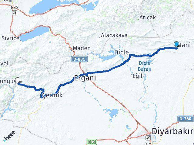 Diyarbakır Hani Çüngüş Arası Kaç Km - Yol Haritası