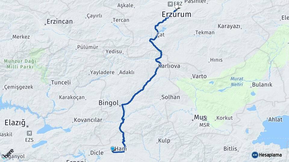 Diyarbakır Hani Erzurum Arası Kaç Km - Yol Haritası