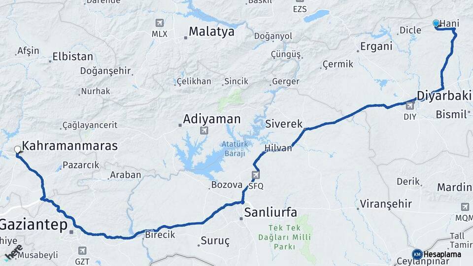 Diyarbakır Hani Kahramanmaraş Arası Kaç Km - Yol Haritası