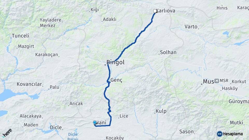 Diyarbakır Hani Karlıova Bingöl Arası Kaç Km - Yol Haritası