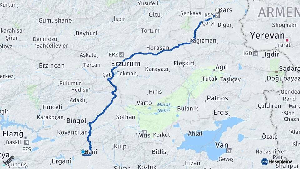 Diyarbakır Hani Kars Arası Kaç Km - Yol Haritası