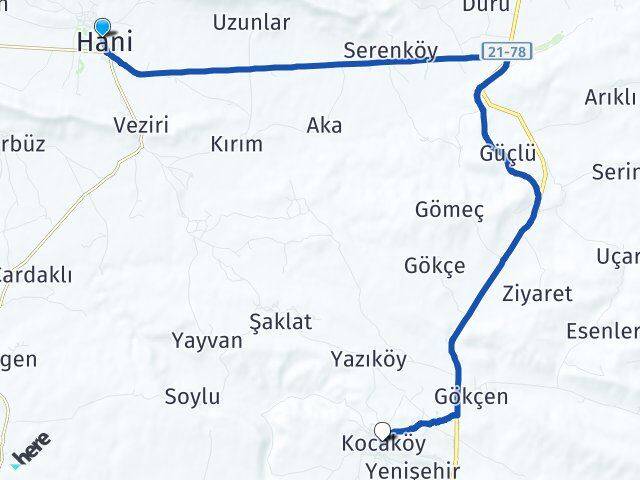 Diyarbakır Hani Kocaköy Arası Kaç Km - Yol Haritası