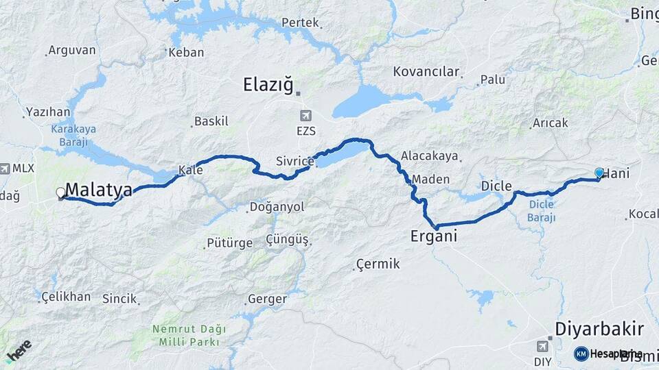 Diyarbakır Hani Malatya Arası Kaç Km - Yol Haritası