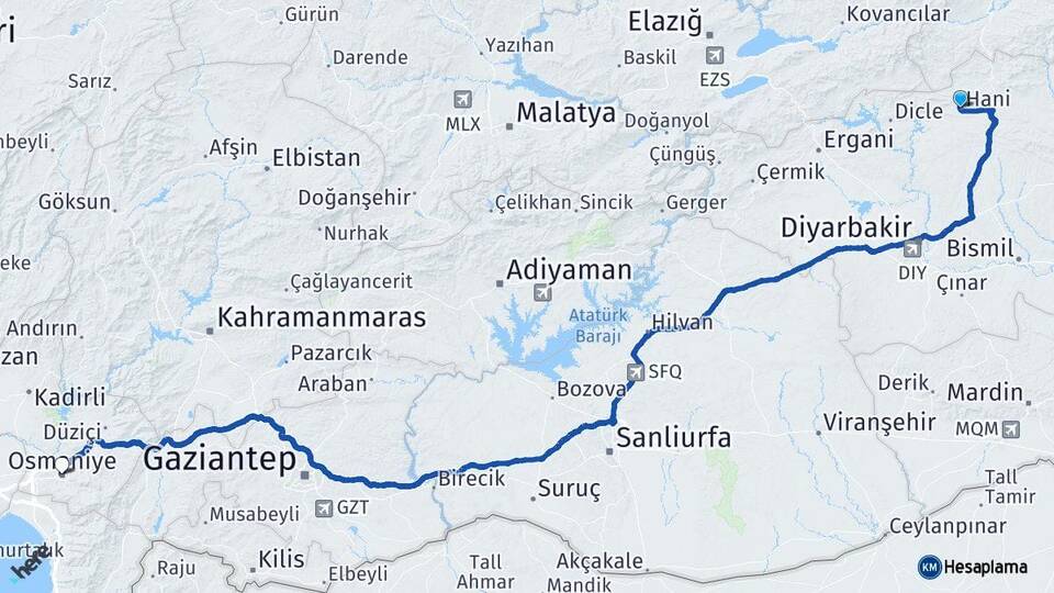 Diyarbakır Hani Osmaniye Arası Kaç Km - Yol Haritası