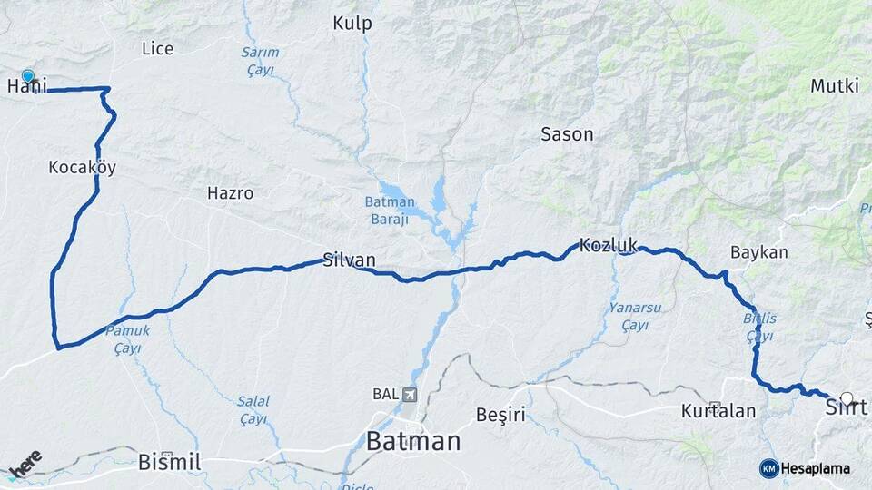 Diyarbakır Hani Siirt Arası Kaç Km - Yol Haritası