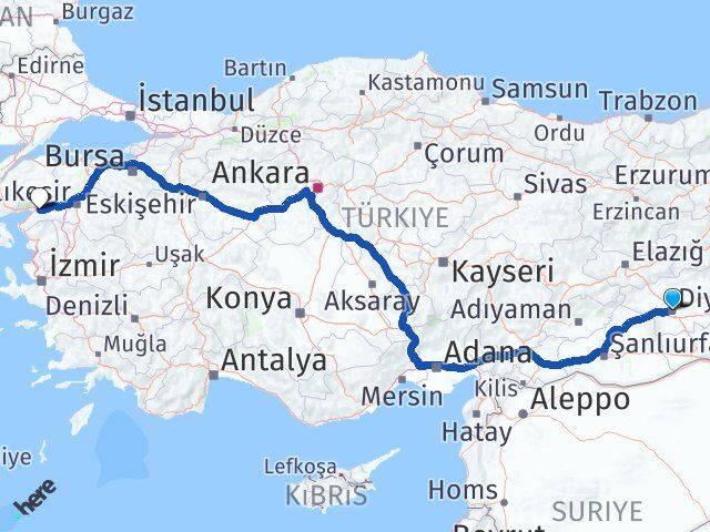 Diyarbakır Havran Balıkesir Arası Kaç Km - Yol Haritası