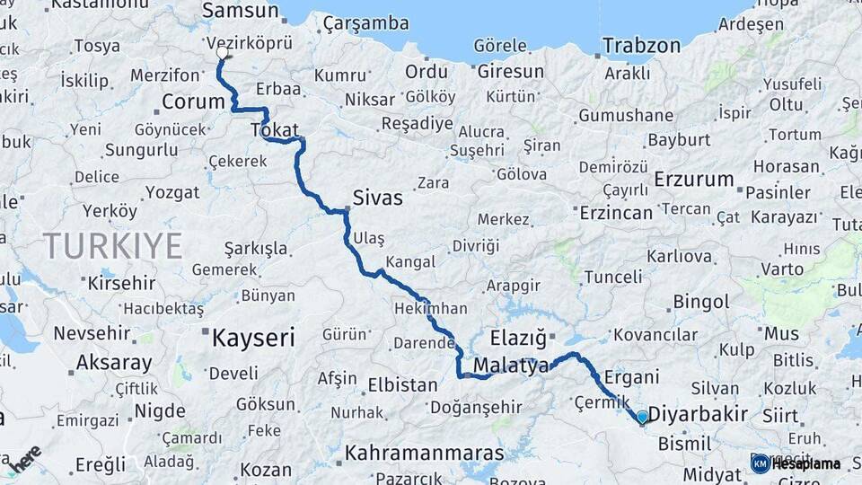 Diyarbakır Havza Samsun Arası Kaç Km - Yol Haritası