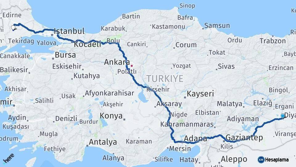 Diyarbakır Hayrabolu Tekirdağ Arası Kaç Km - Yol Haritası
