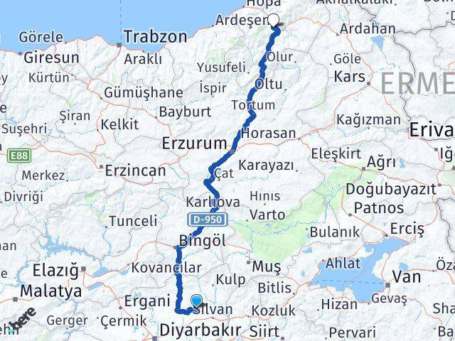 Diyarbakır Hazro Artvin Arası Kaç Km - Yol Haritası