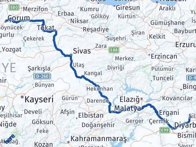 Diyarbakır Hazro Çorum Arası Kaç Km - Yol Haritası