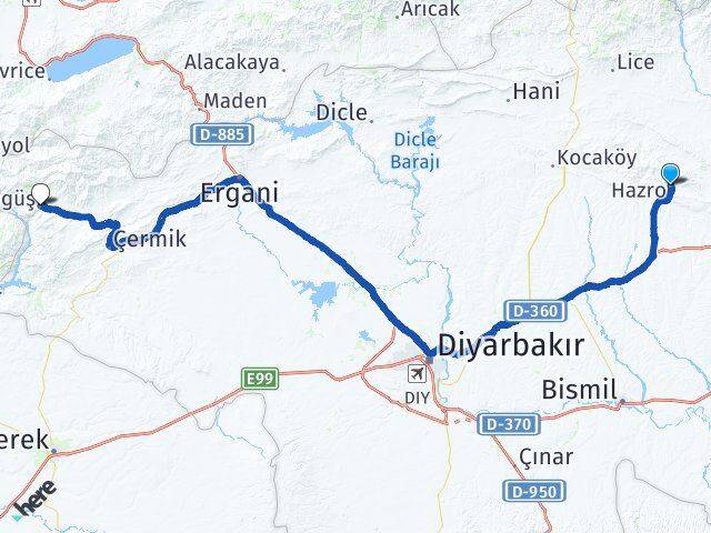 Diyarbakır Hazro Çüngüş Arası Kaç Km - Yol Haritası