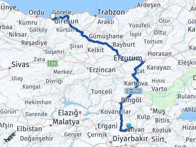 Diyarbakır Hazro Giresun Arası Kaç Km - Yol Haritası
