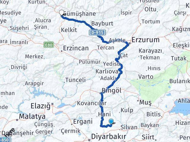 Diyarbakır Hazro Gümüşhane Arası Kaç Km - Yol Haritası