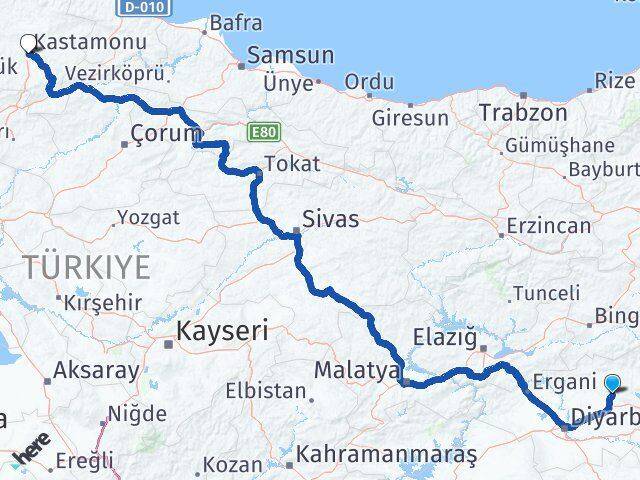 Diyarbakır Hazro Kastamonu Arası Kaç Km - Yol Haritası