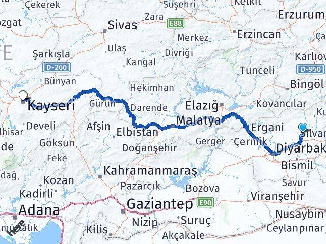Diyarbakır Hazro Kayseri Arası Kaç Km - Yol Haritası