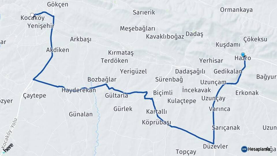Diyarbakır Hazro Kocaköy Arası Kaç Km - Yol Haritası