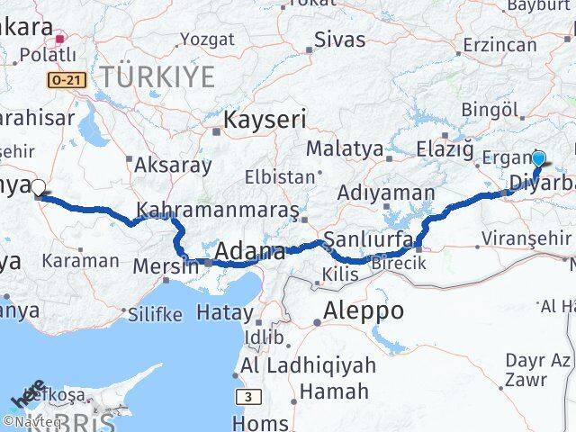 Diyarbakır Hazro Konya Arası Kaç Km - Yol Haritası