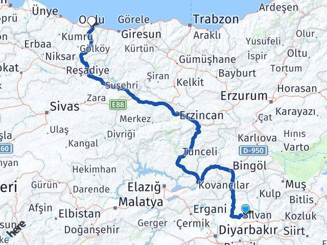 Diyarbakır Hazro Ordu Arası Kaç Km - Yol Haritası
