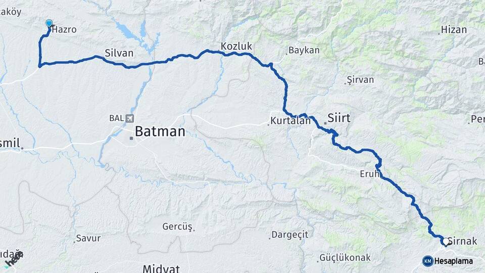 Diyarbakır Hazro Şırnak Arası Kaç Km - Yol Haritası