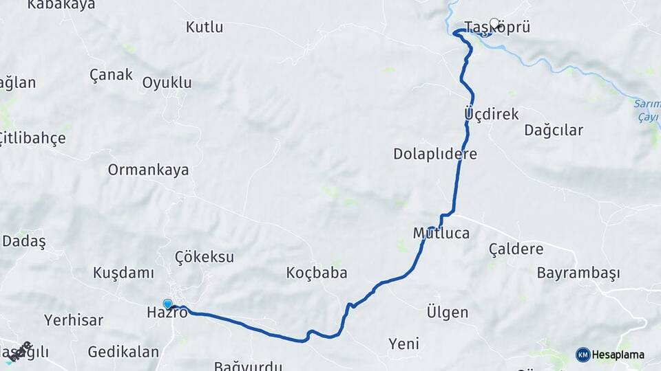 Diyarbakır Hazro Taşköprü Kulp Arası Kaç Km - Yol Haritası