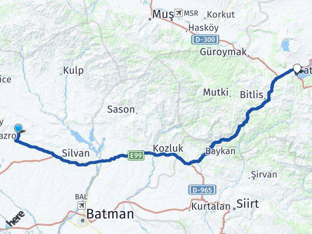 Diyarbakır Hazro Tatvan Bitlis Arası Kaç Km - Yol Haritası