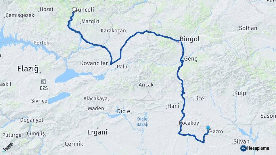 Diyarbakır Hazro Tunceli Arası Kaç Km - Yol Haritası