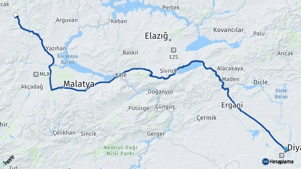 Diyarbakır Hekimhan Malatya Arası Kaç Km - Yol Haritası