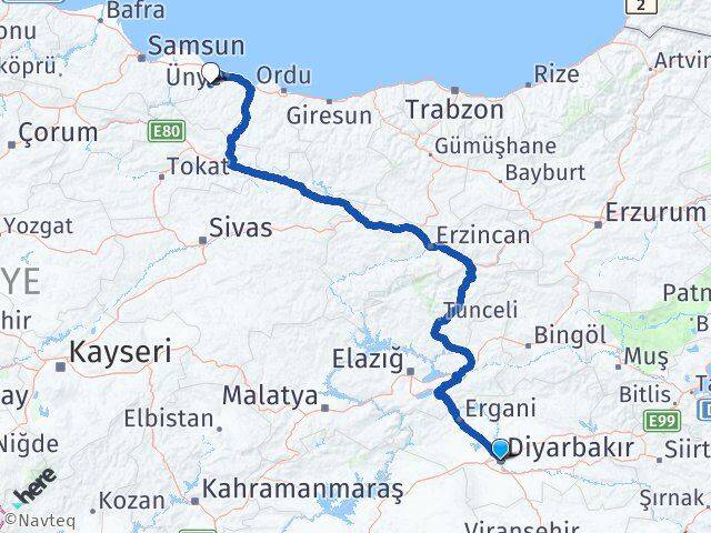 Diyarbakır İkizce Ordu Arası Kaç Km - Yol Haritası
