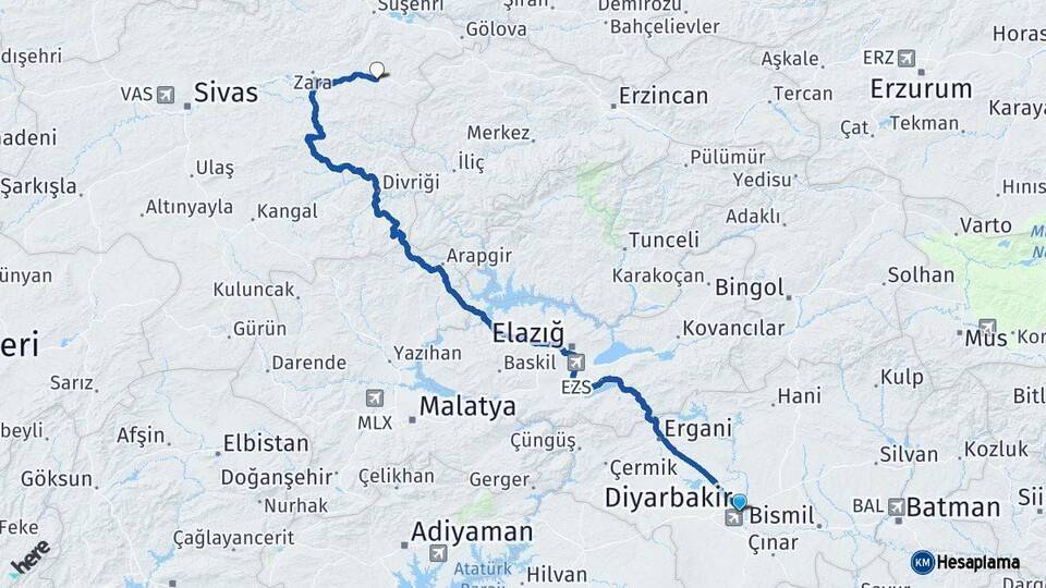 Diyarbakır İmranlı Sivas Arası Kaç Km - Yol Haritası