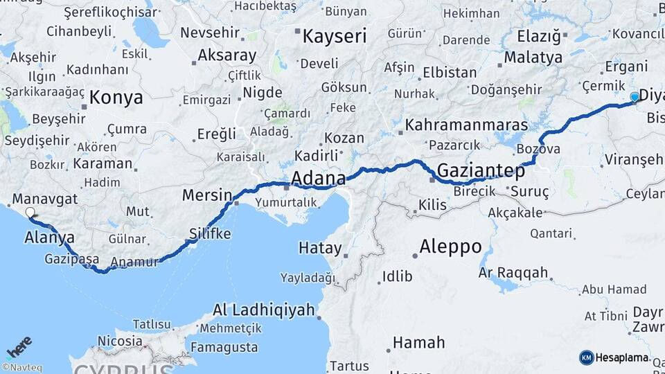 Diyarbakır İncekum Alanya Antalya Arası Kaç Km - Yol Haritası