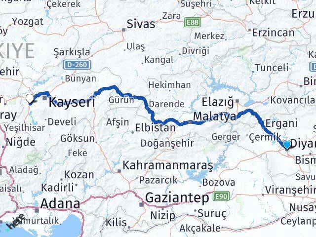 Diyarbakır İncesu Kayseri Arası Kaç Km - Yol Haritası