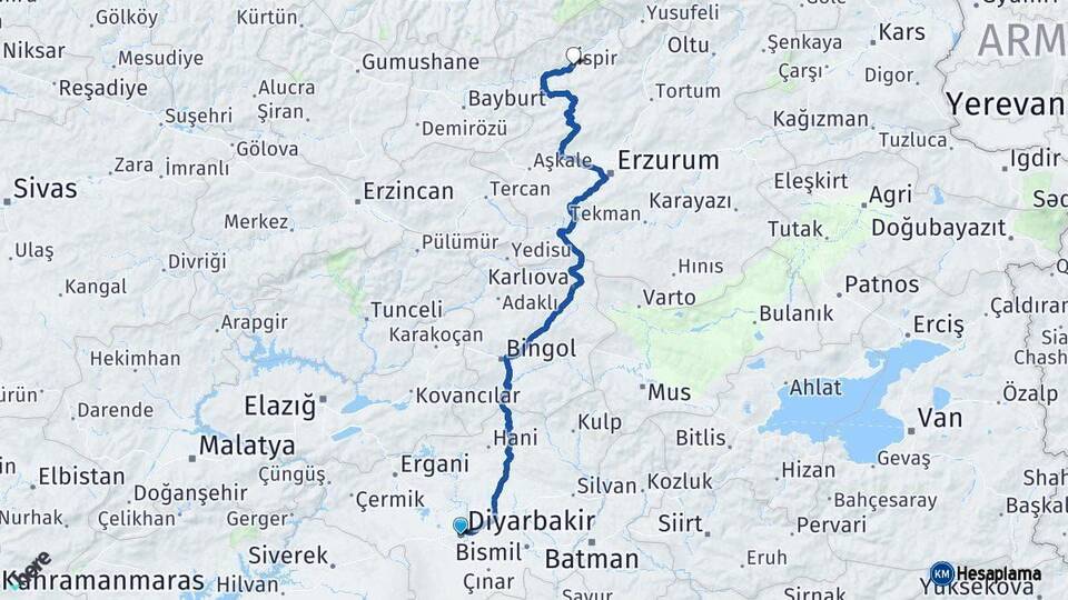 Diyarbakır İspir Erzurum Arası Kaç Km - Yol Haritası