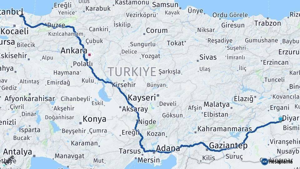 Diyarbakır Kandıra Kocaeli Arası Kaç Km - Yol Haritası