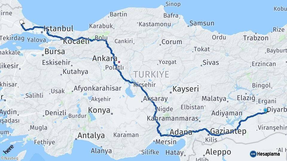 Diyarbakır Kapaklı Tekirdağ Arası Kaç Km - Yol Haritası