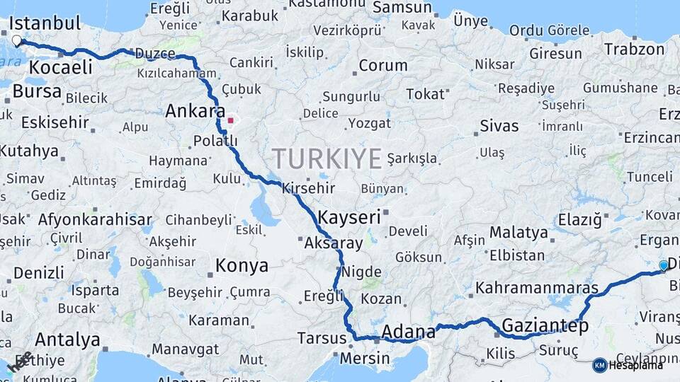 Diyarbakır Kartal İstanbul Arası Kaç Km - Yol Haritası