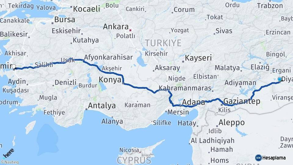 Diyarbakır Kayapınar İzmir Arası Kaç Km - Yol Haritası