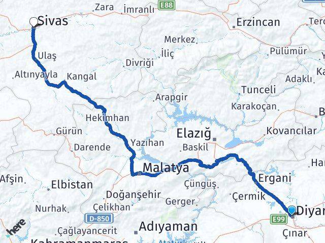 Diyarbakır Kayapınar Sivas Arası Kaç Km - Yol Haritası