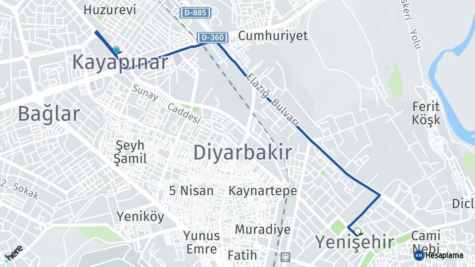 Diyarbakır Kayapınar Yenişehir Arası Kaç Km - Yol Haritası