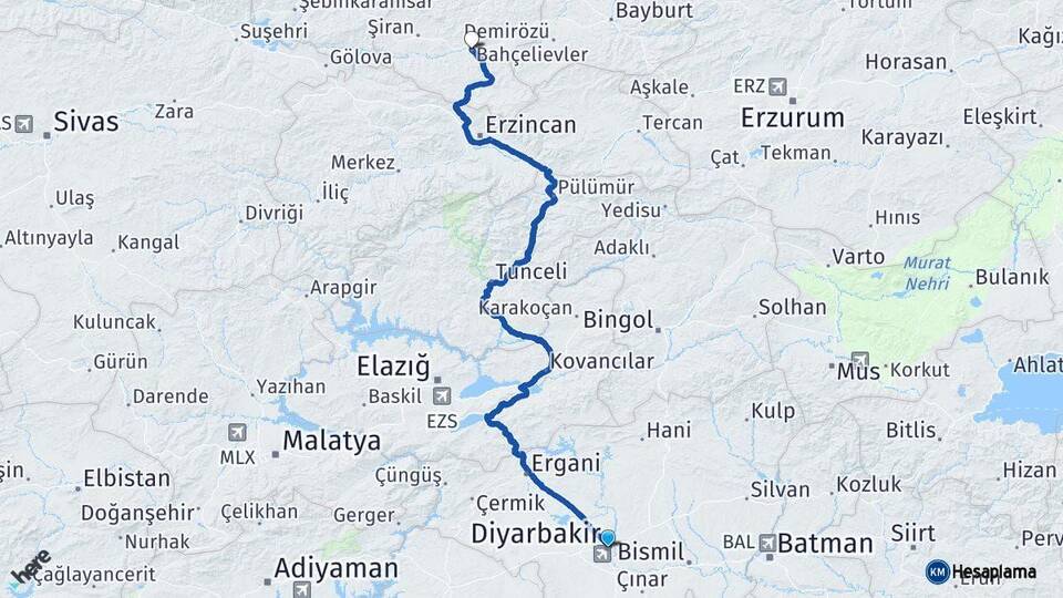 Diyarbakır Kelkit Gümüşhane Arası Kaç Km - Yol Haritası