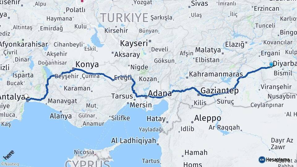 Diyarbakır Kepez Antalya Arası Kaç Km - Yol Haritası