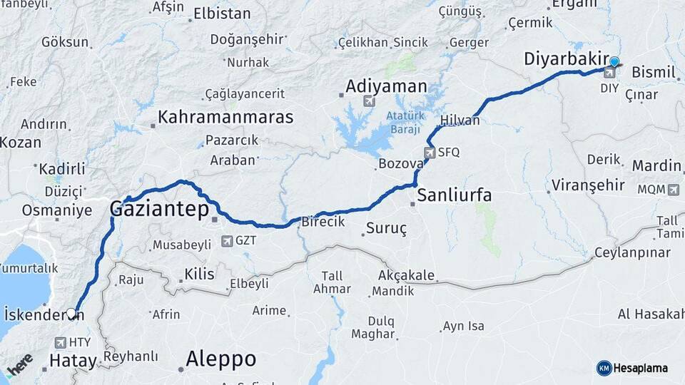 Diyarbakır Kırıkhan Hatay Arası Kaç Km - Yol Haritası