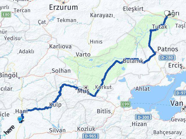 Diyarbakır Kocaköy Ağrı Arası Kaç Km - Yol Haritası