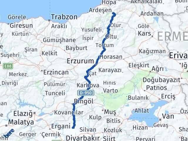 Diyarbakır Kocaköy Artvin Arası Kaç Km - Yol Haritası